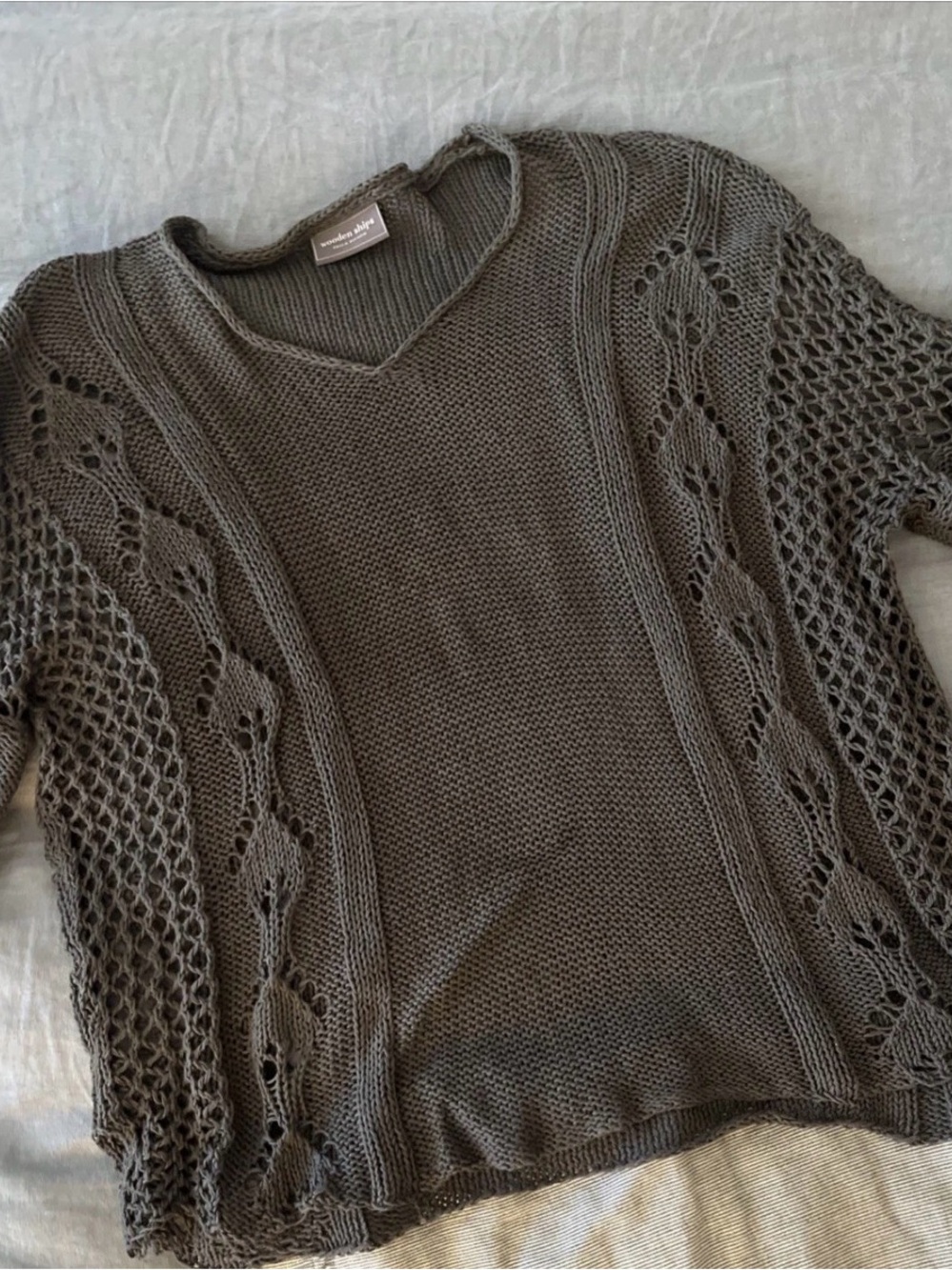 Wooden Ships Taupe Openwork V-Neck Knit Sweater